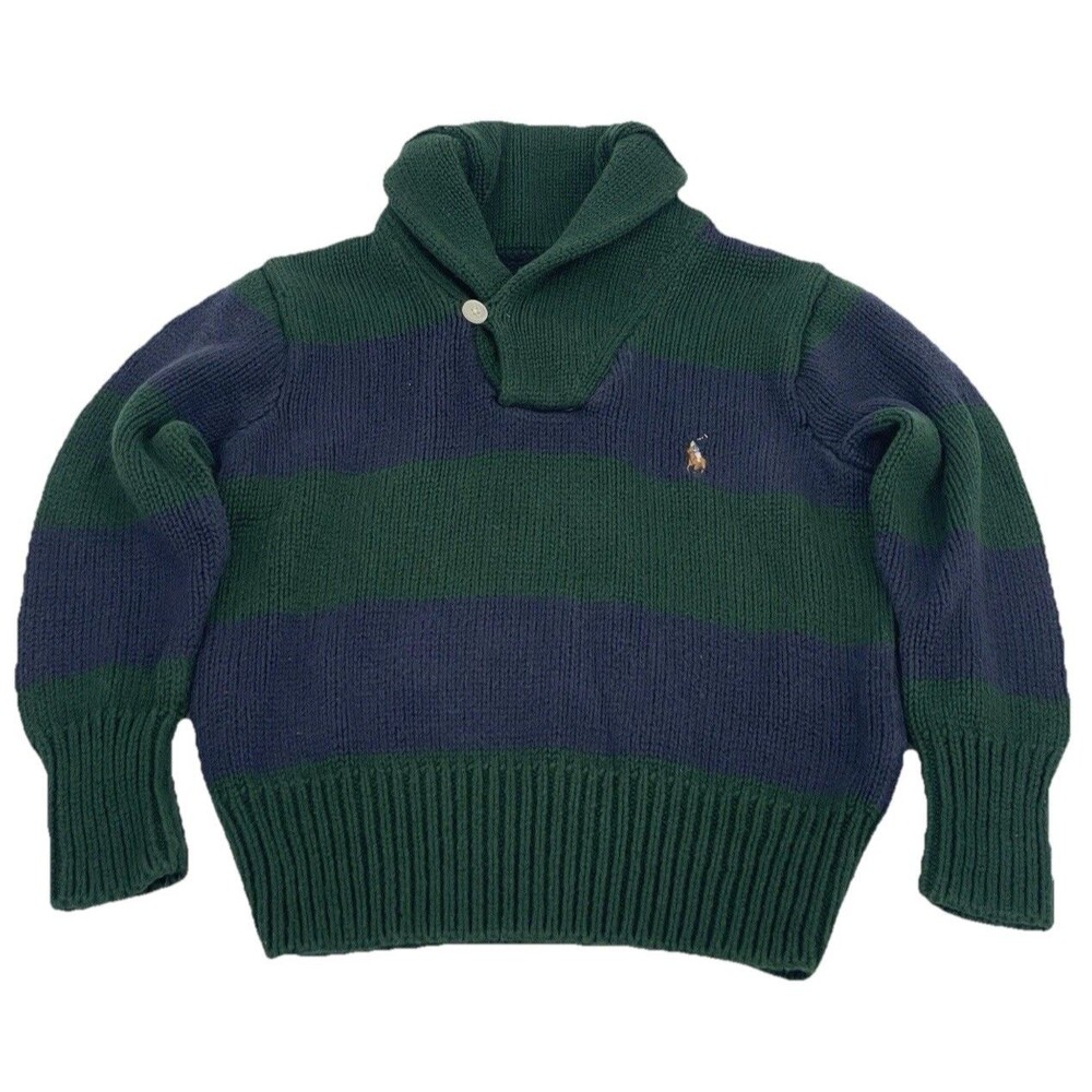 Polo Ralph Lauren Toddler Shawl Collar Sweater 2T Green Navy Rugby Stripe